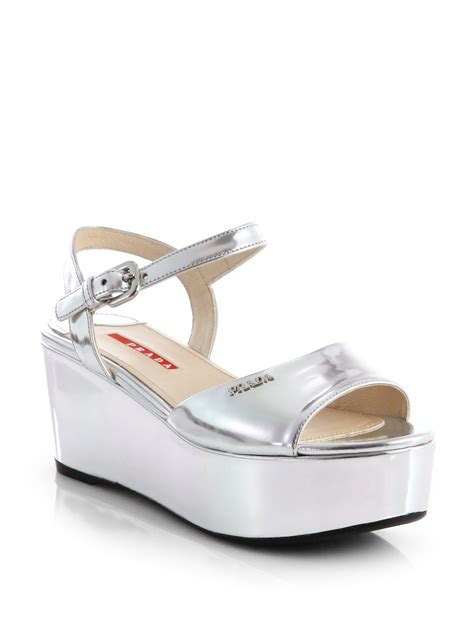 silver metal prada wedges|prada platform sandals.